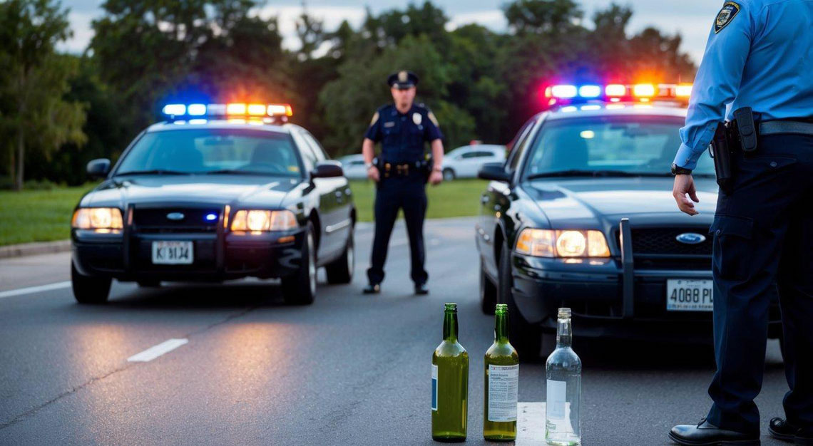 A car being pulled over by a police officer with flashing lights, while a second DUI offense is emphasized through the presence of two empty alcohol bottles in the vehicle