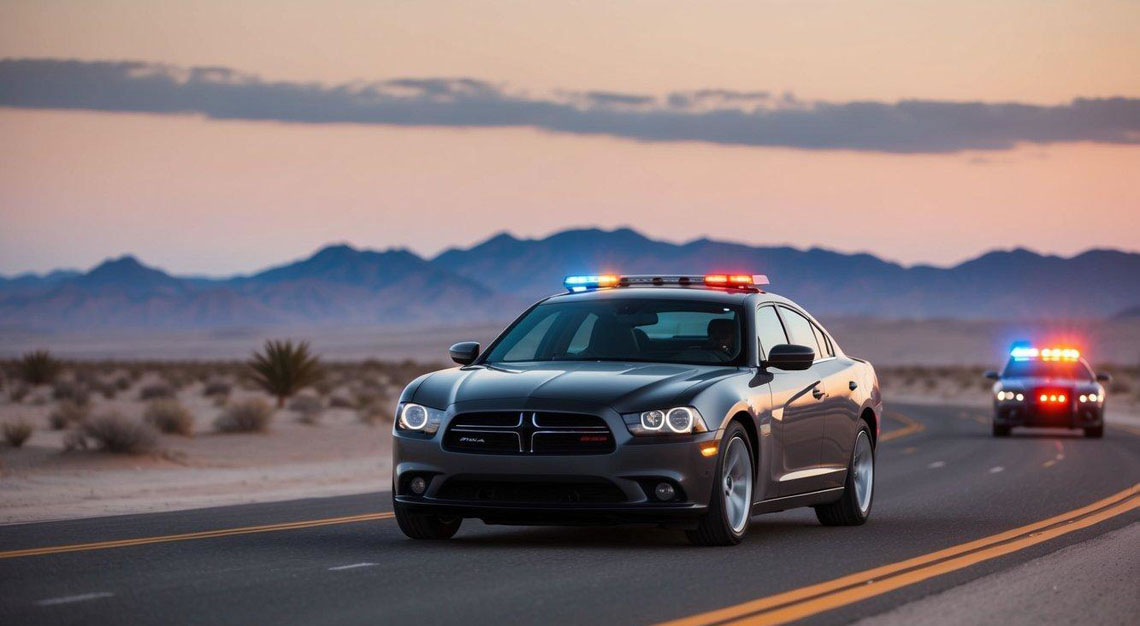 A car swerving on a desert road with police car lights flashing behind