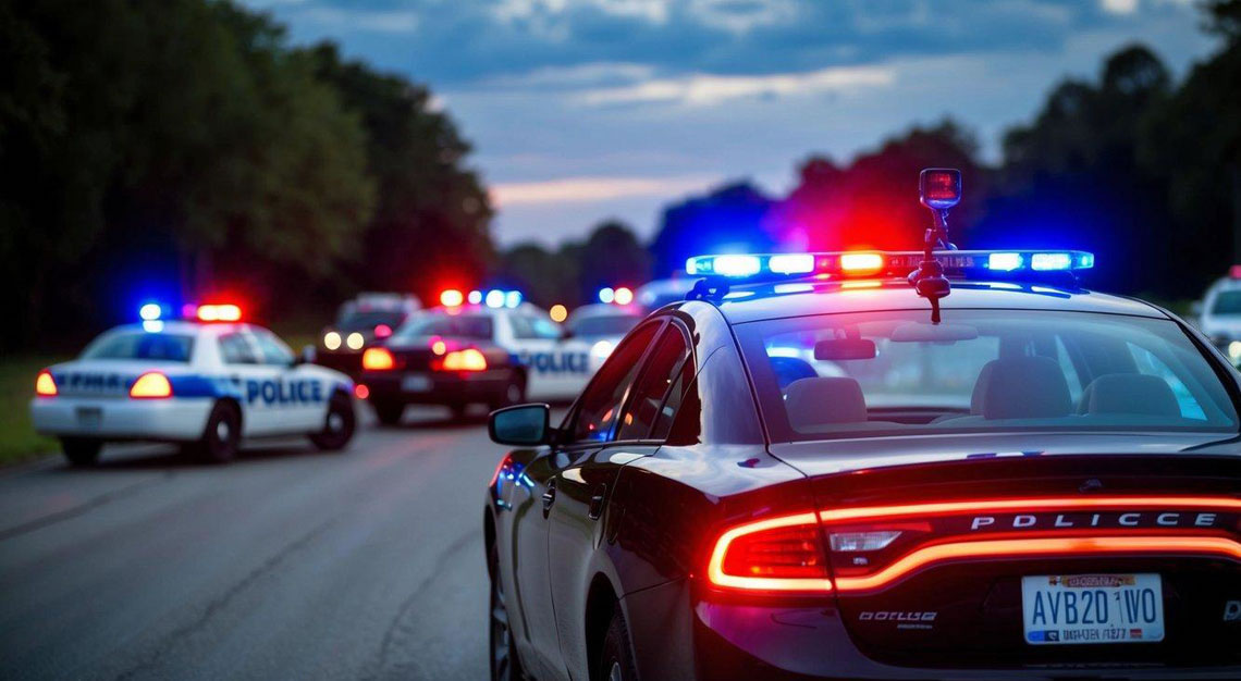 A car pulled over by police with red and blue lights flashing